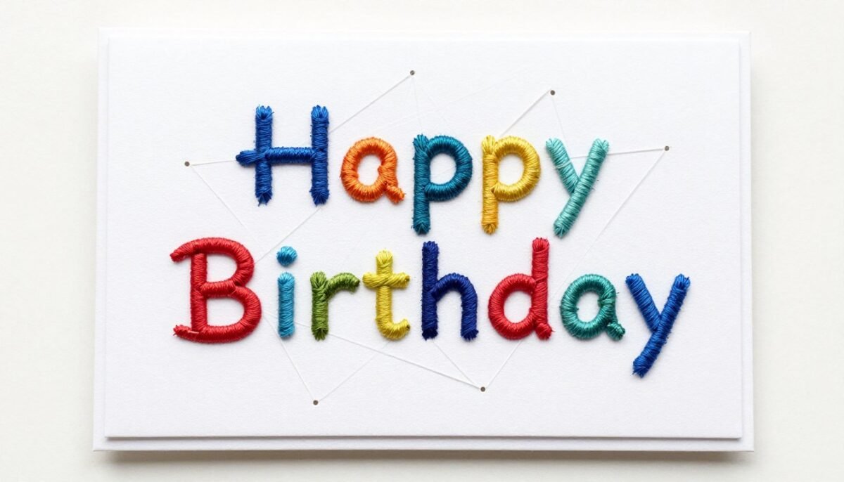 Handmade card featuring string art technique spelling birthday message