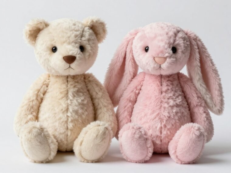 Handmade fleece teddy bear and bunny stuffed animals displayed together on white background