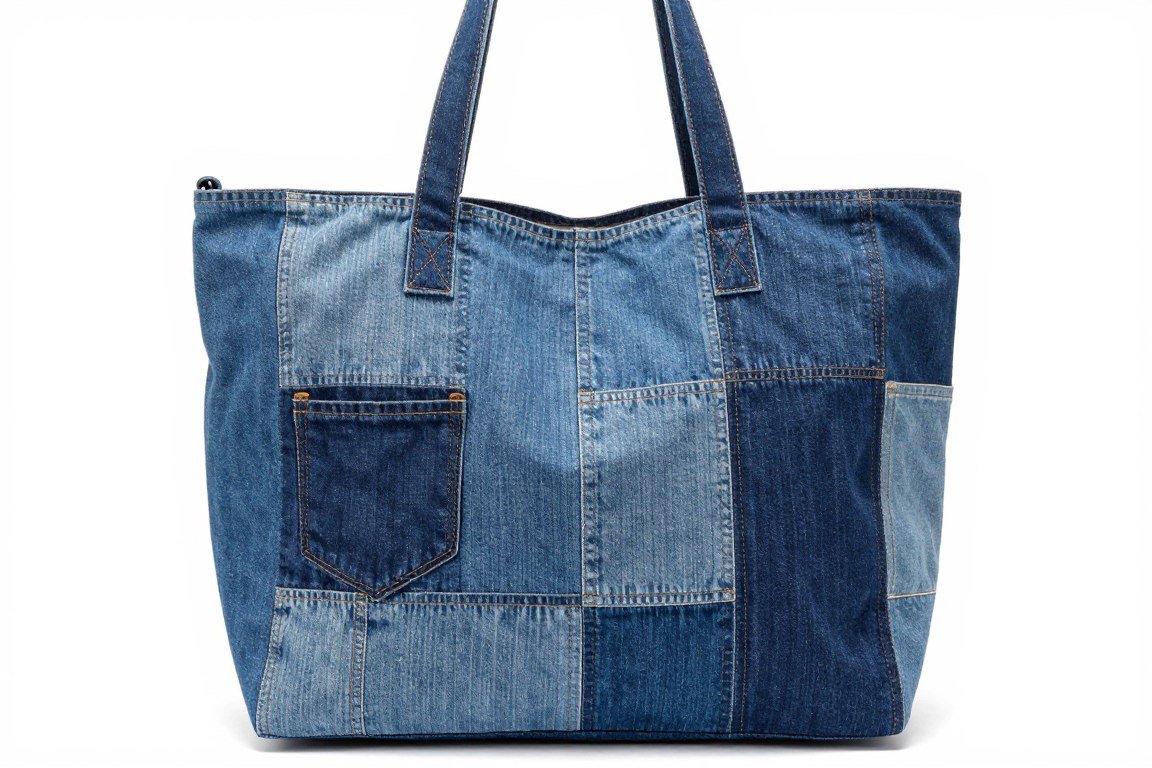 Handmade patchwork denim tote bag with various jean pieces