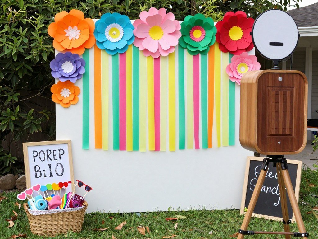 Handmade photo booth backdrop with props for wedding guests