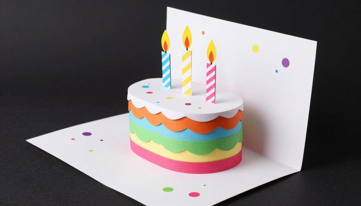 Handmade pop-up card showing three-dimensional birthday cake with candles