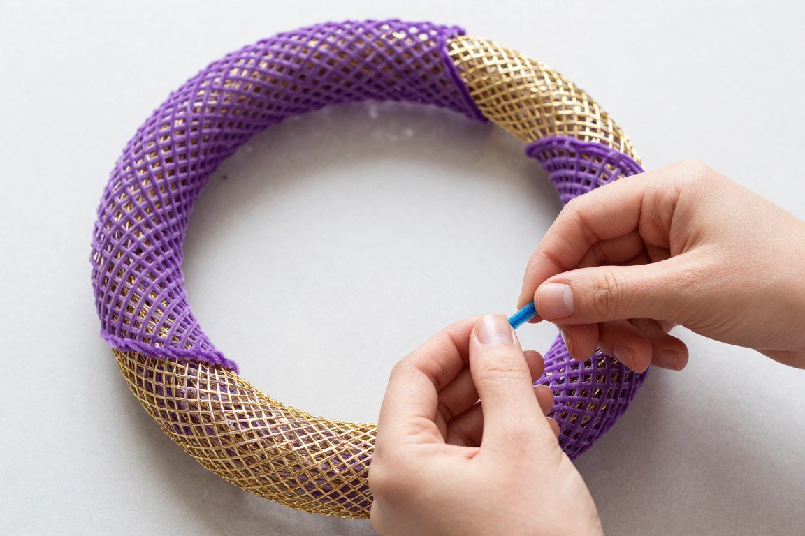 Hands attaching second color of deco mesh to wreath form