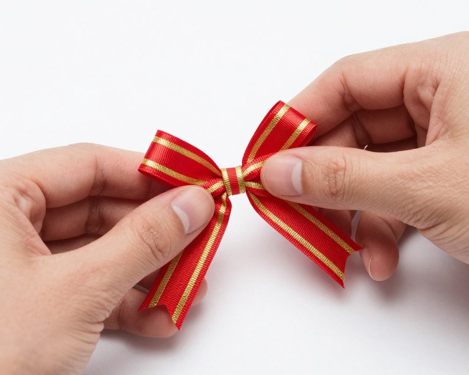 Hands creating bow from wired ribbon for wreath decoration