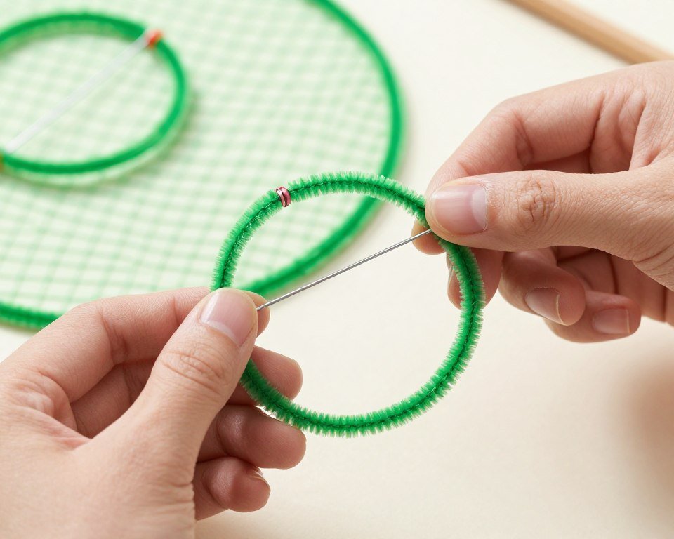 Hands demonstrating how to twist pipe cleaner around wire wreath form