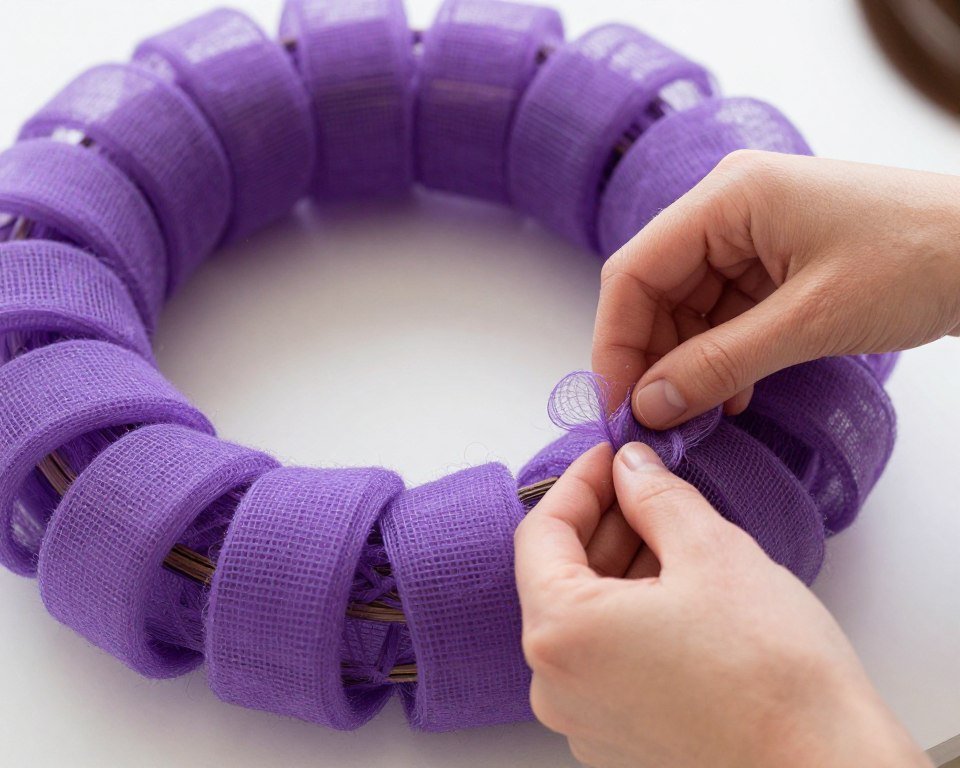 Hands fluffing and adjusting deco mesh loops on wreath