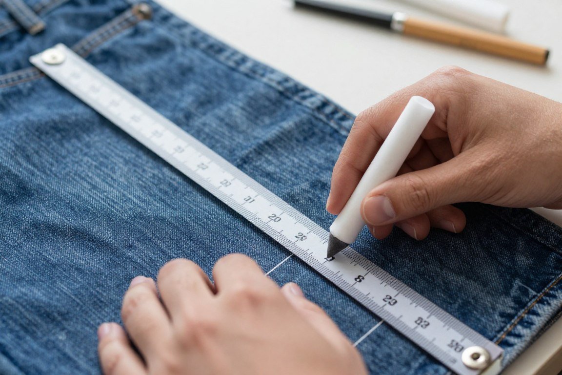Hands measuring and marking fabric with ruler and chalk