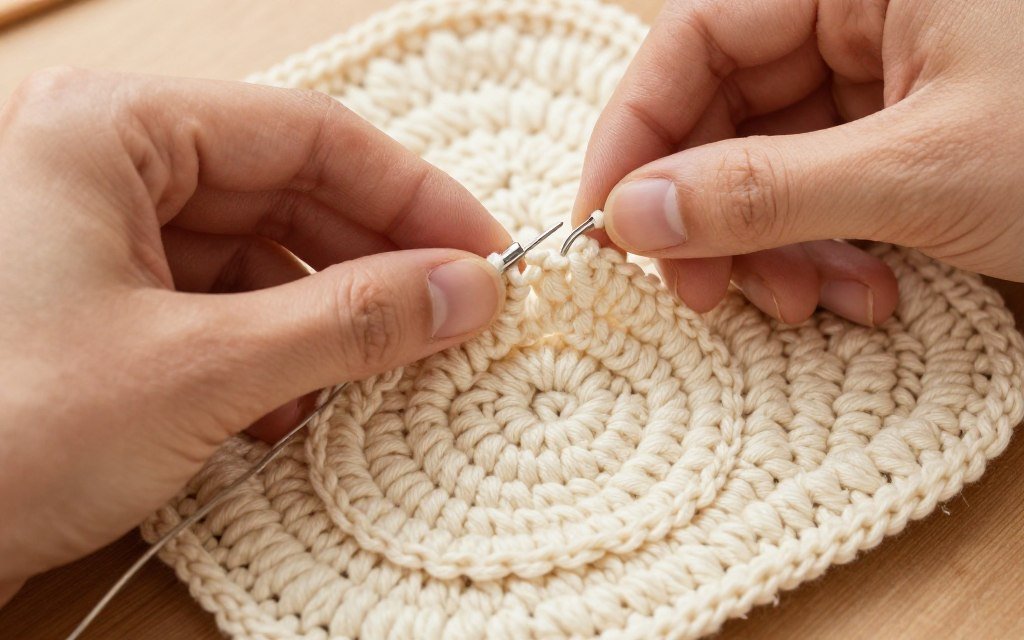 Hands working border stitches around potholder edge