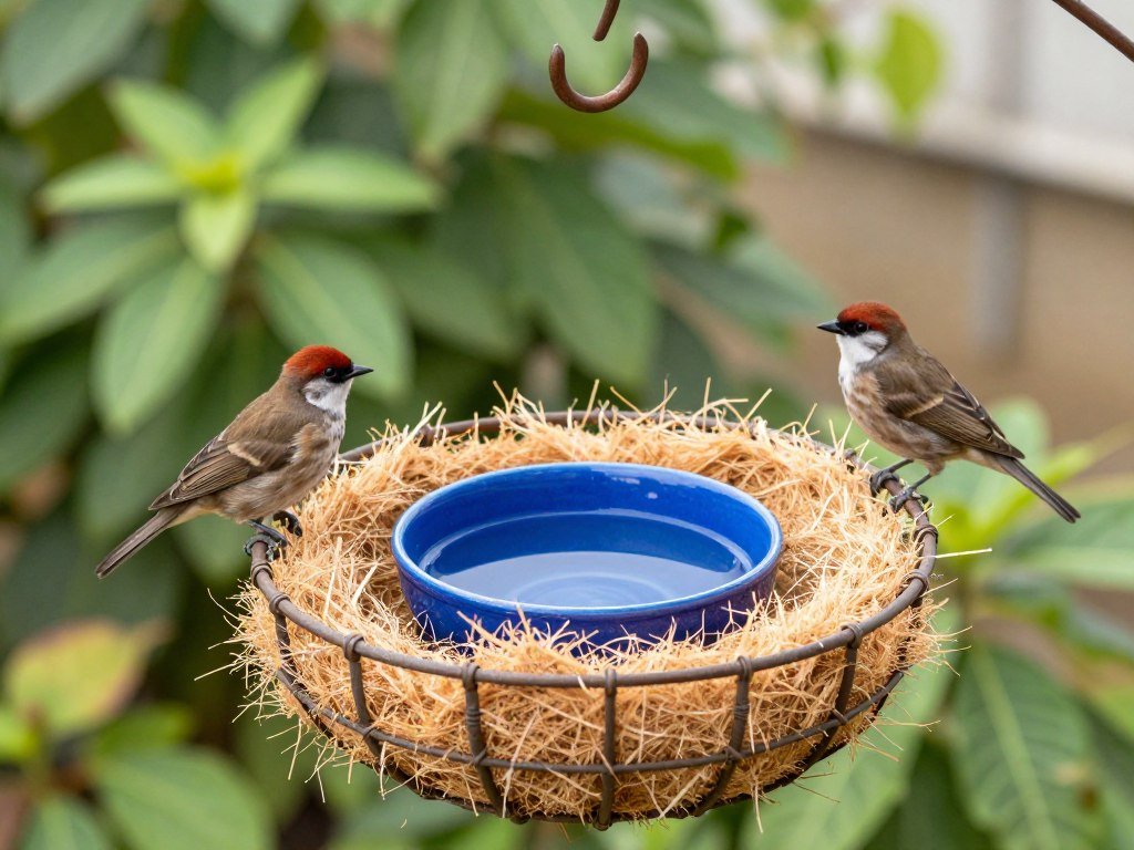 Hanging wire basket converted to bird bath