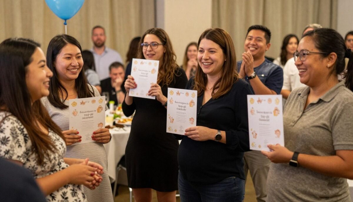 Happy baby shower guests receiving prizes