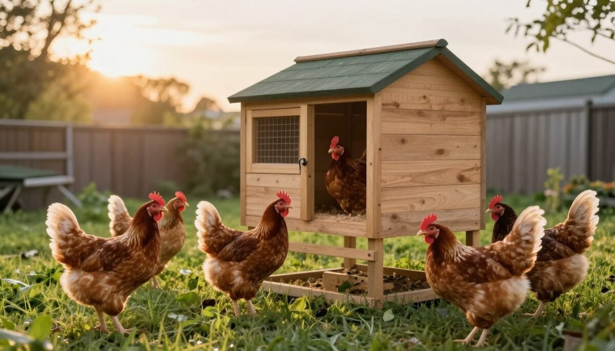 Happy chickens in well-built backyard coop at sunset