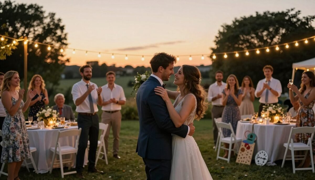 Happy couple celebrating their beautiful DIY backyard wedding with guests