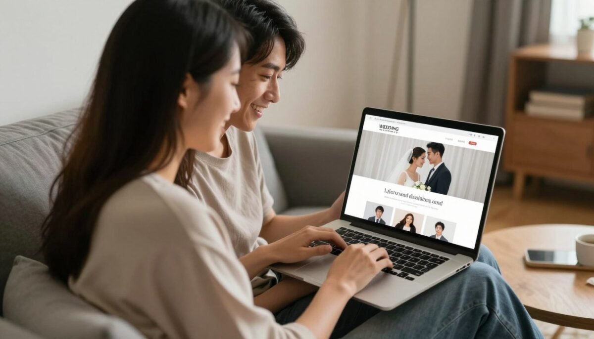 Happy couple reviewing their wedding website together