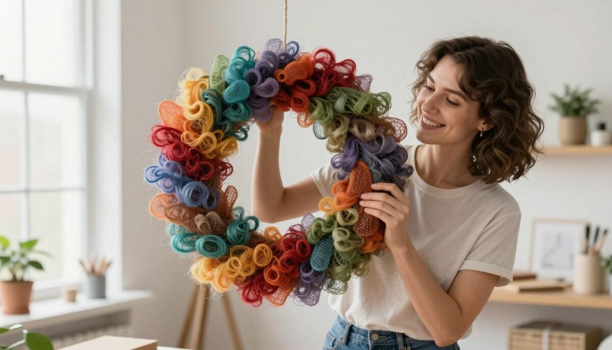 Happy crafter displaying finished curly deco mesh wreath