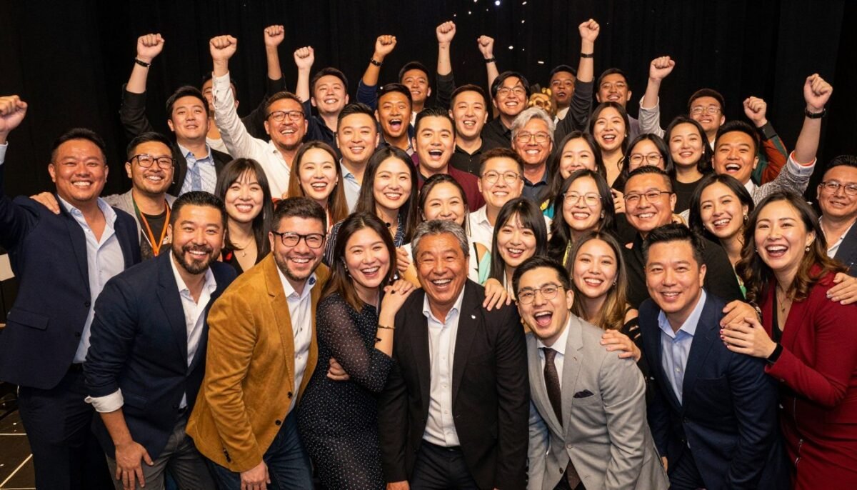 Happy diverse group celebrating together after completing a team game