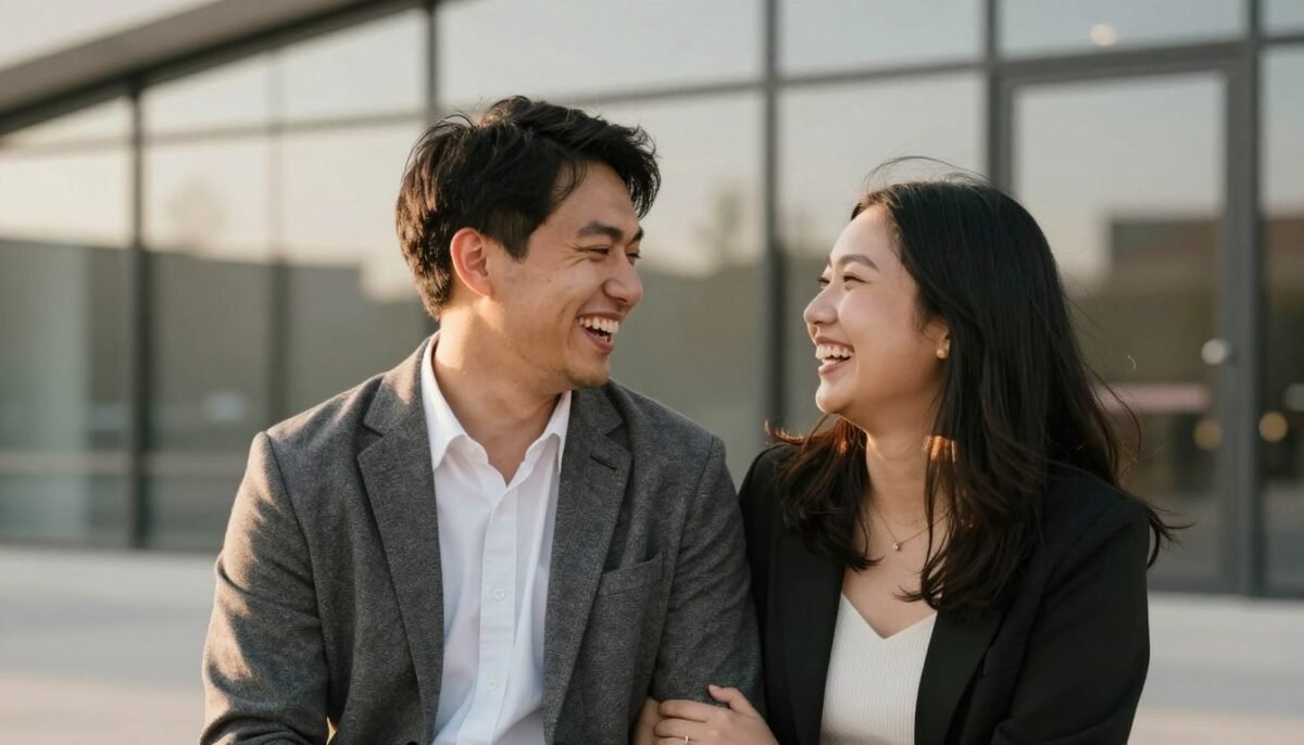 Happy engaged couple laughing together, posed for game photos