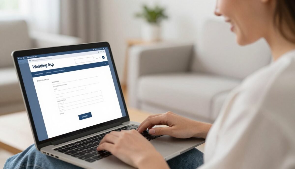 Happy wedding guest completing online RSVP successfully