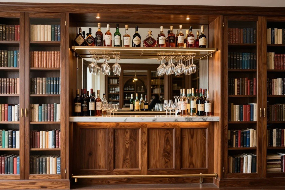 Hidden bar revealed inside bookshelf with compact organization for built-in bar ideas