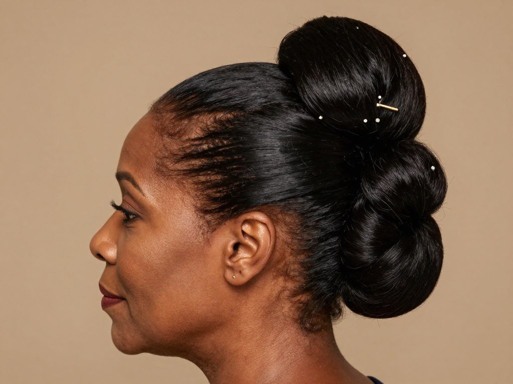 High bun updo hairstyle showing elegant styling for older Black women