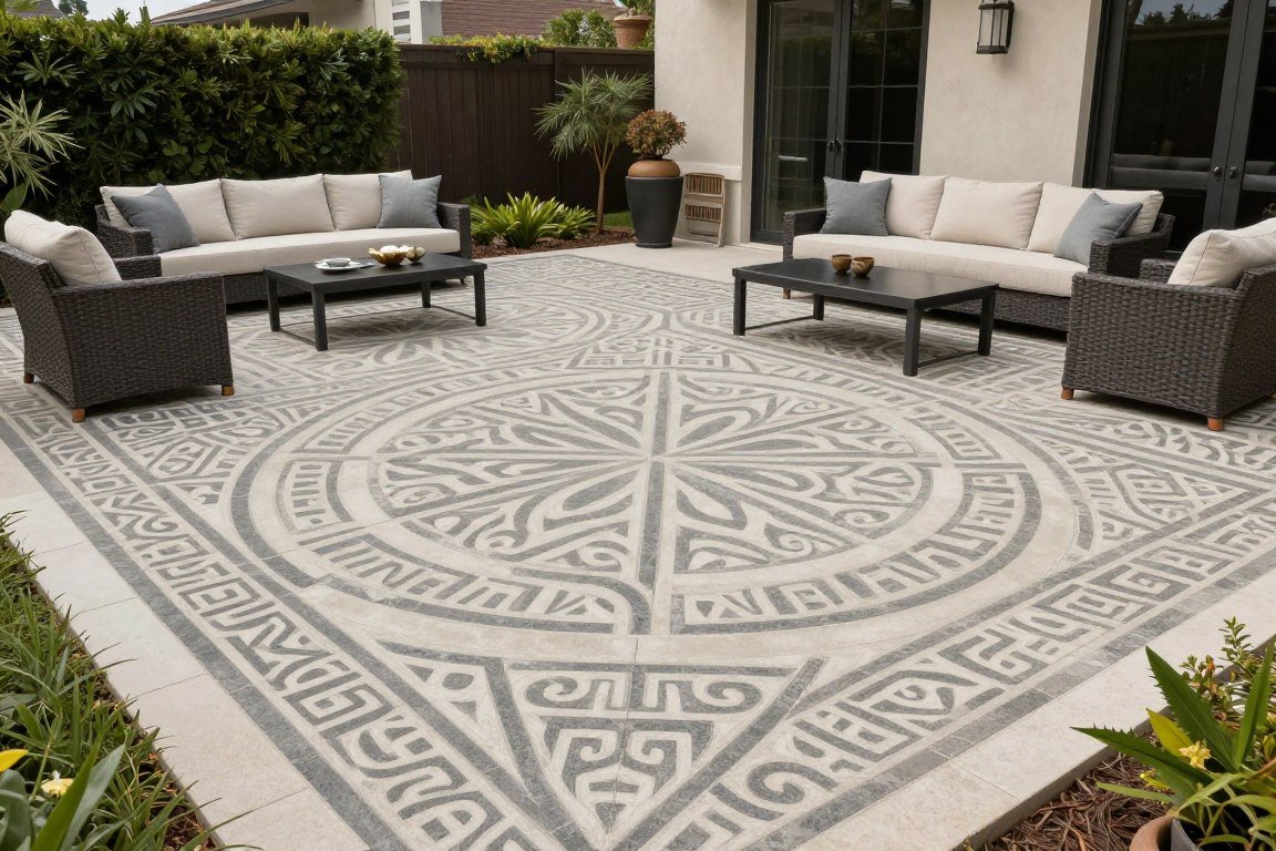 High-end custom stamped concrete patio with intricate multi-pattern design and custom colors