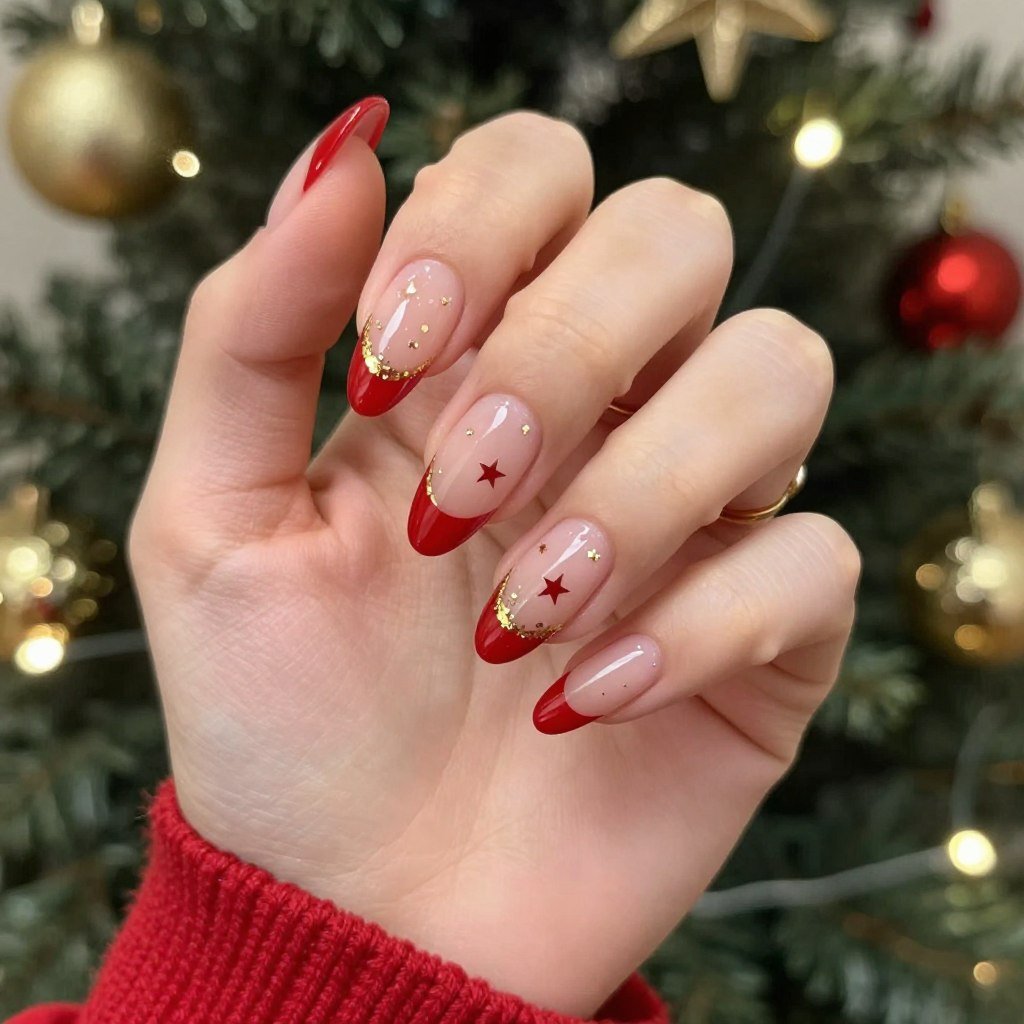 Holiday glam French tip almond nails with red and gold