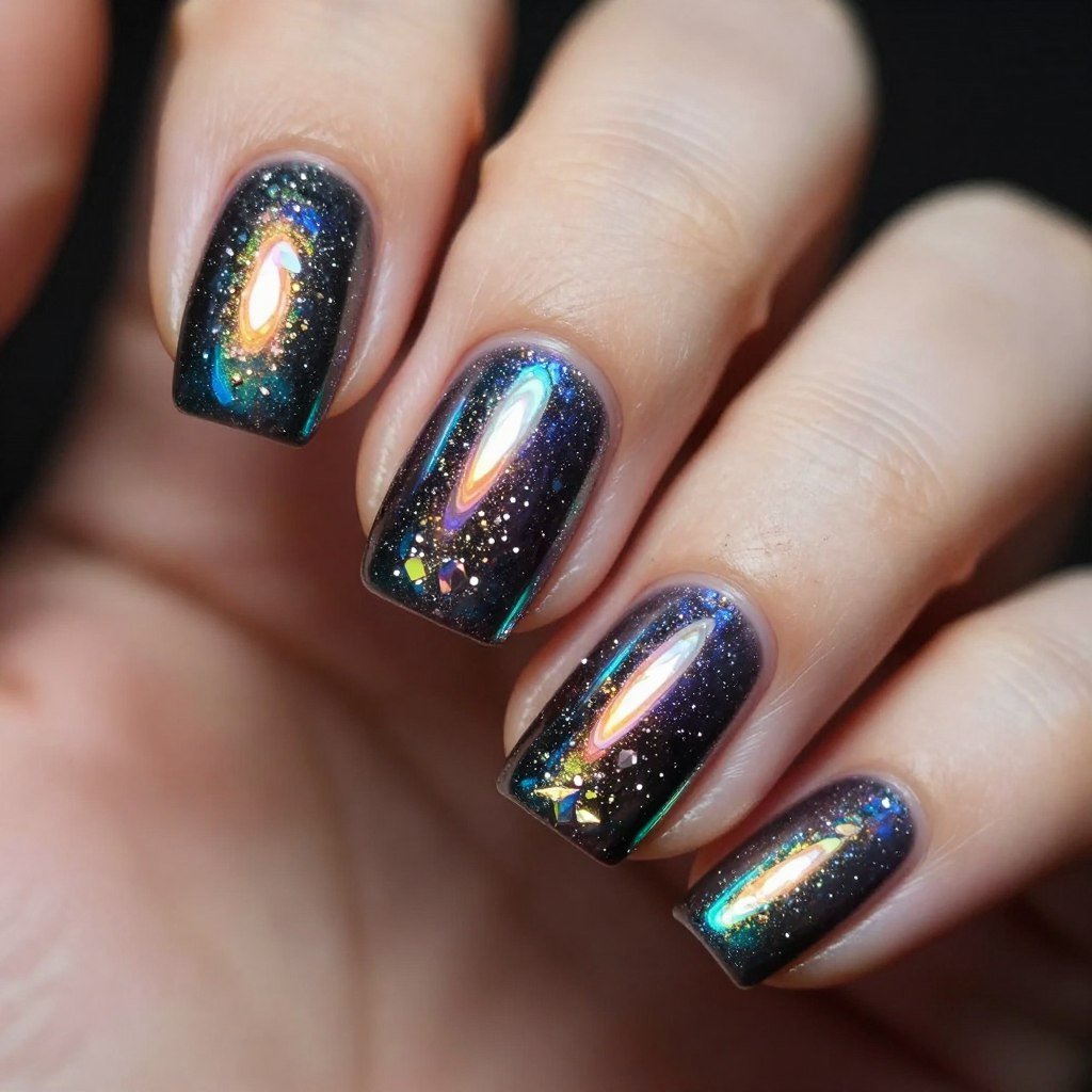 Holographic French tips showing rainbow effect