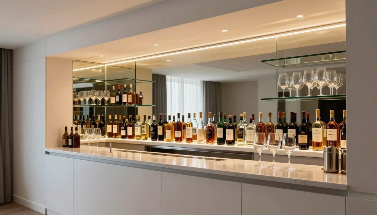 Home bar with floor-to-ceiling mirrored backsplash reflecting bottles