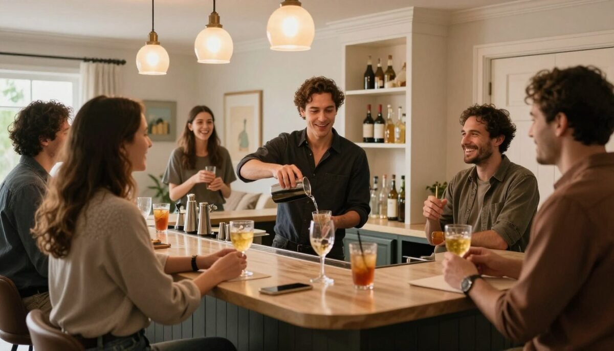 Home party with guests gathered around built-in bar for built-in bar ideas