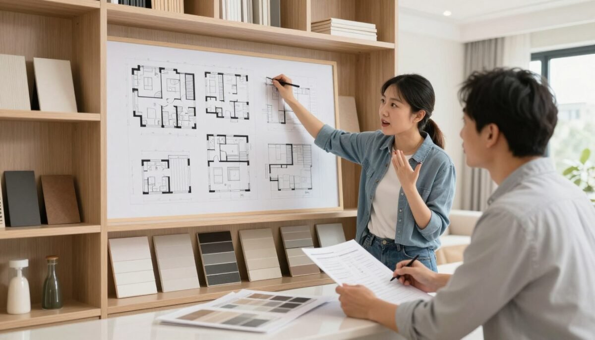 Homeowner planning built-in bar with designer for built-in bar ideas