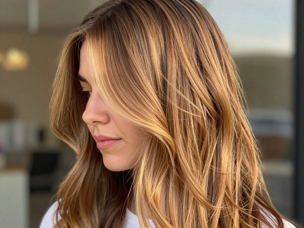 Honey blonde highlights on medium brown hair creating warm dimension