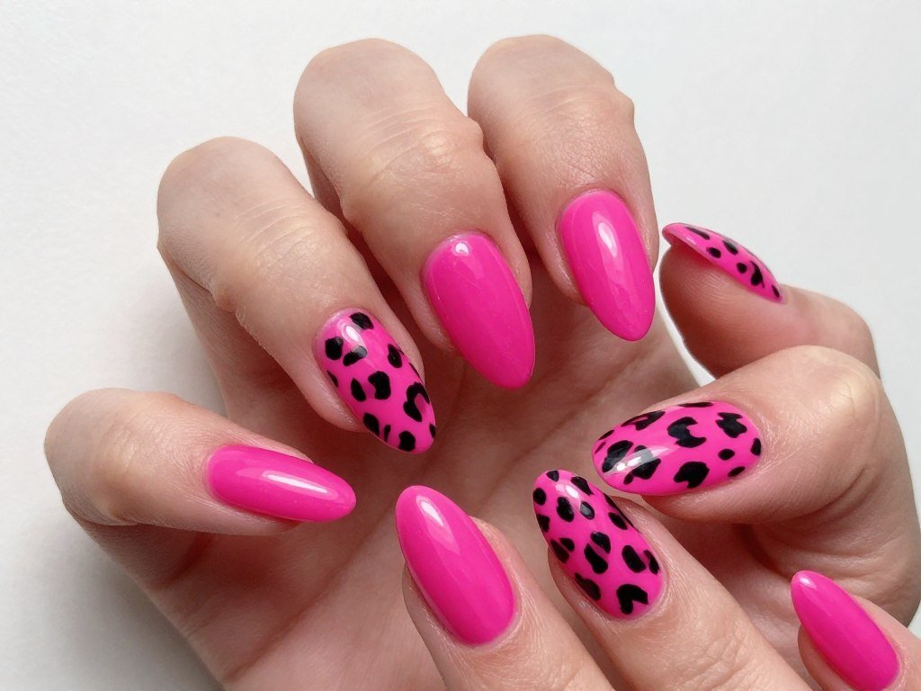 Hot pink leopard print nail design