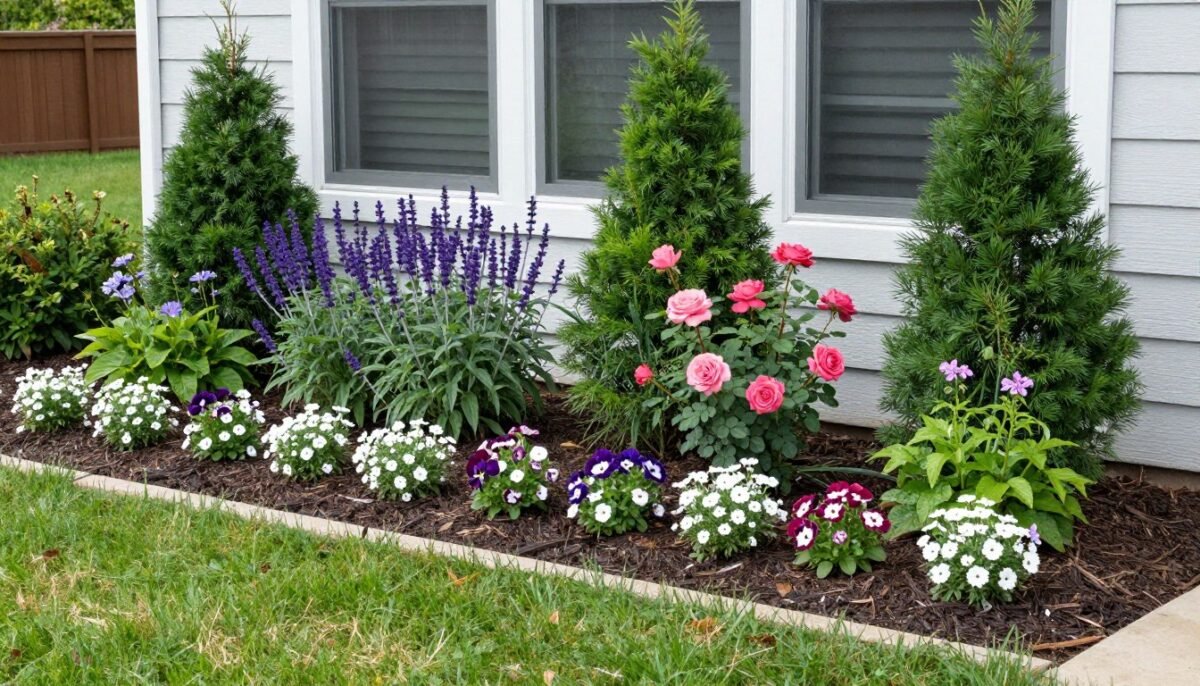 House foundation with layered flower bed including shrubs and flowers