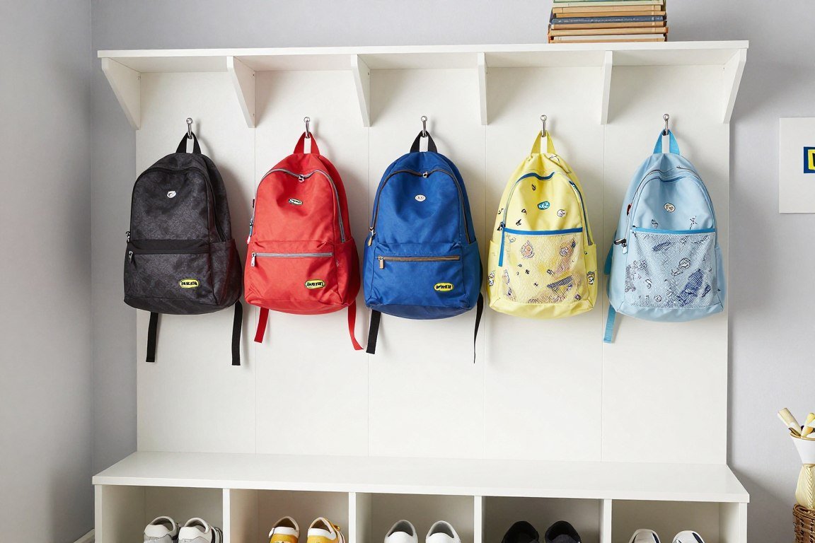 IKEA ALGOT wall system organized for school backpacks