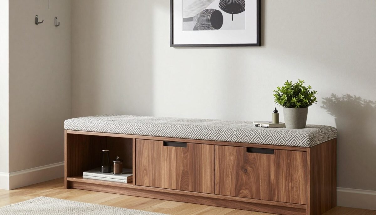 IKEA BESTÅ cabinets with custom bench cushion in mudroom