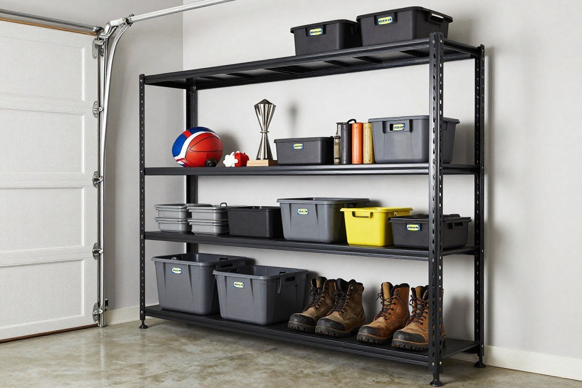 IKEA BROR metal shelving system in garage mudroom