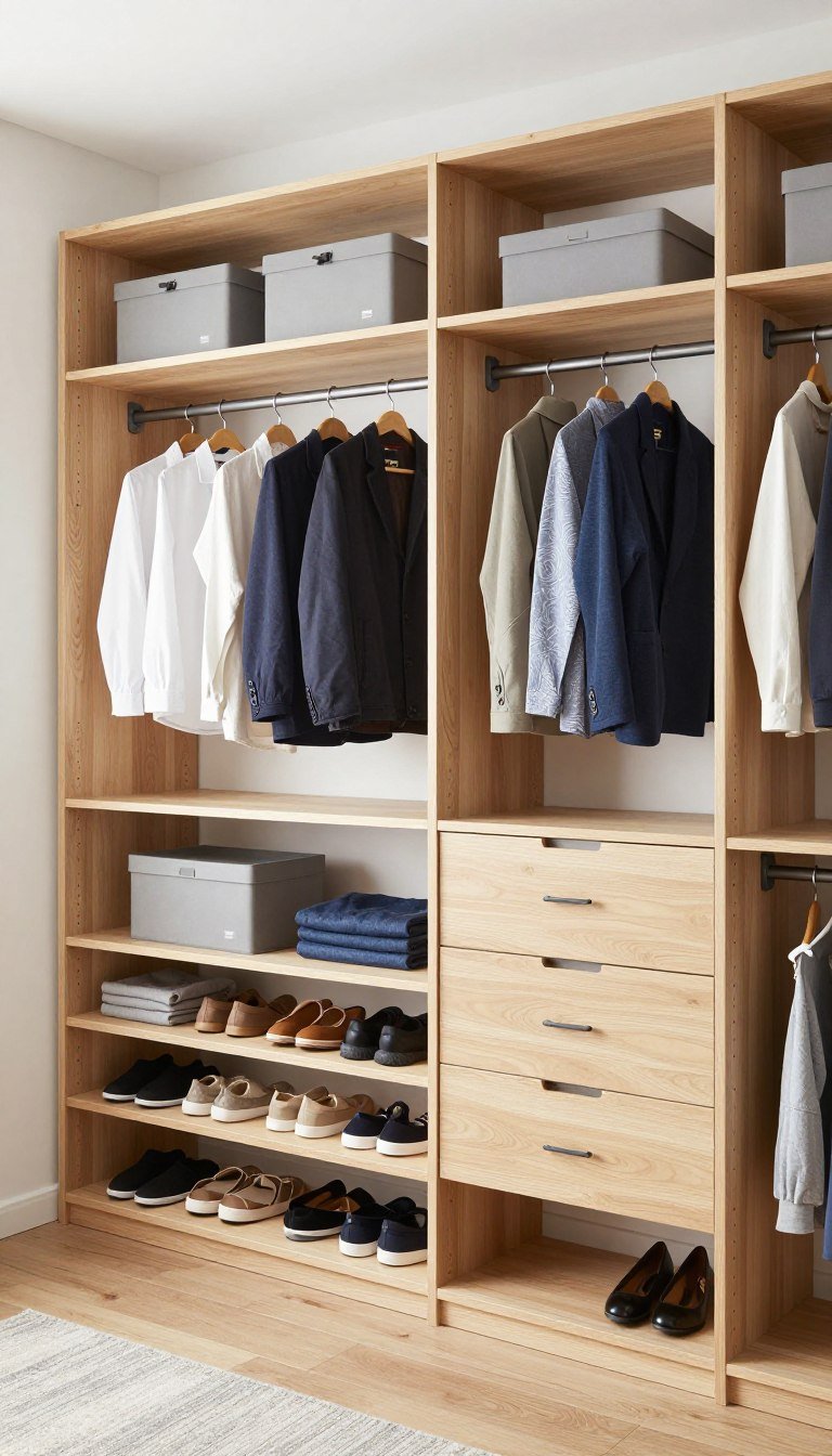 IKEA ELVARLI modular closet system with organized clothes and accessories