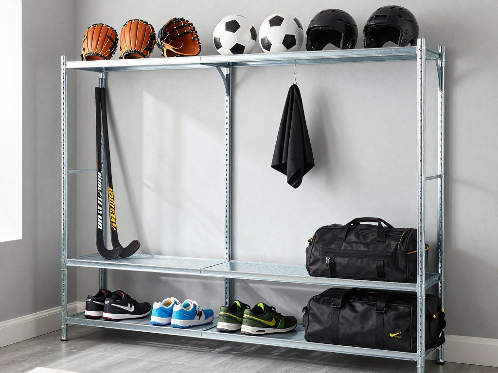IKEA HYLLIS shelving storing sports equipment in mudroom