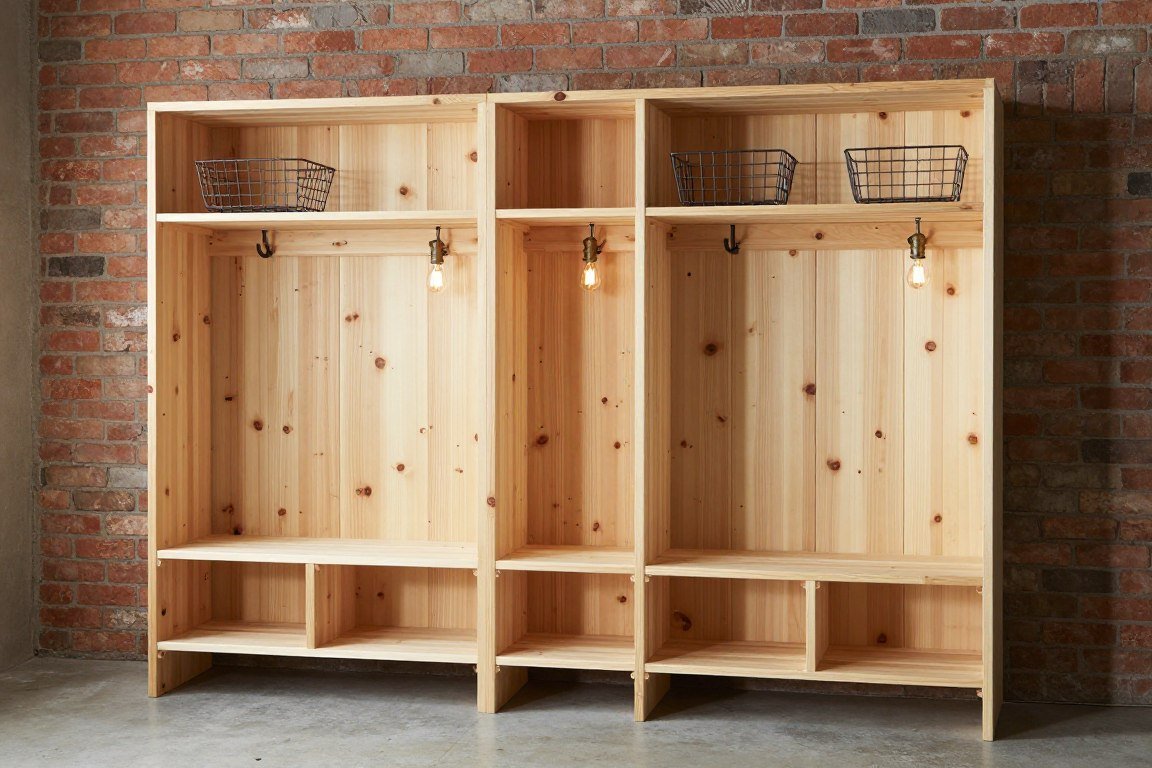 IKEA IVAR industrial pine shelving in mudroom with metal baskets