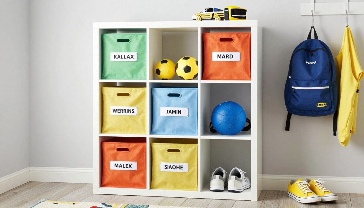 IKEA KALLAX cube storage system in family mudroom with labeled bins