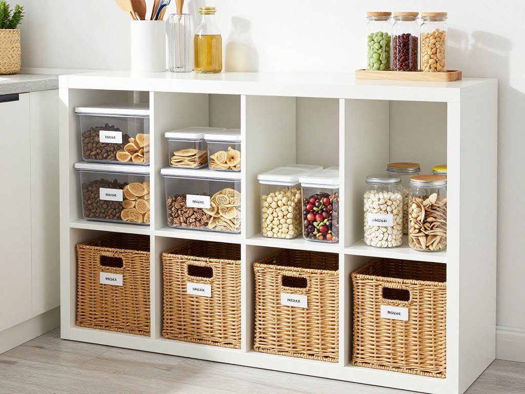 IKEA KALLAX shelf unit transformed into organized kitchen pantry with labeled bins