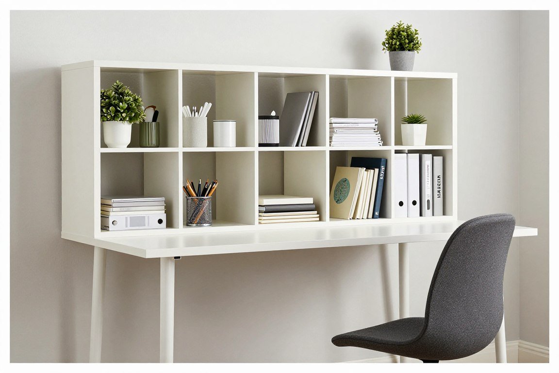 IKEA KALLAX unit used horizontally as desk with storage cubes below