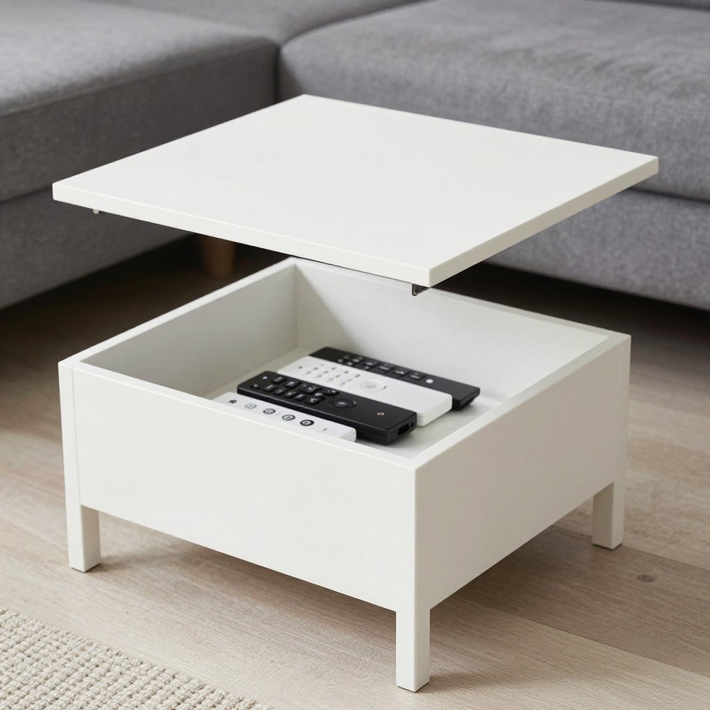 IKEA LACK side table modified with hinged top showing hidden storage compartment