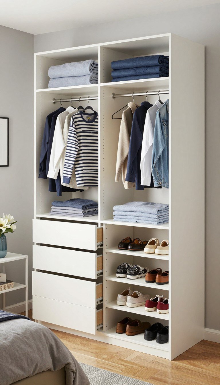 IKEA PAX wardrobe system customized as bedroom closet with organized clothes