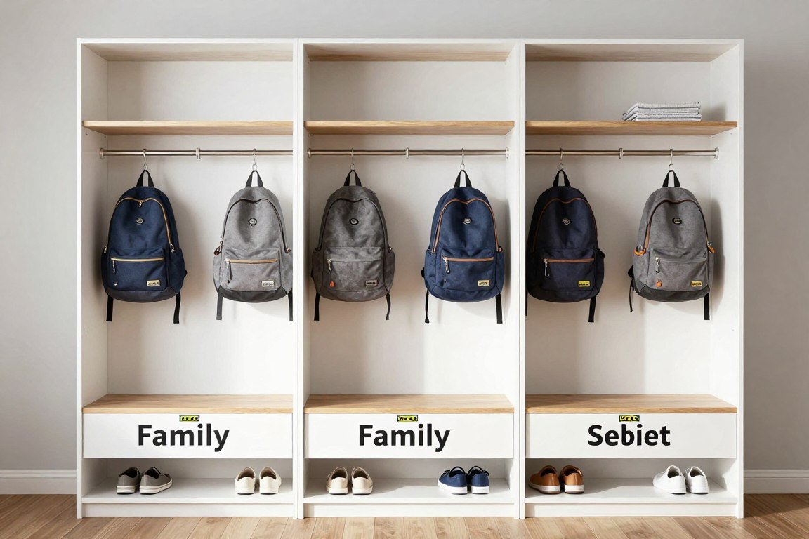 IKEA PAX wardrobes converted to mudroom lockers with individual compartments