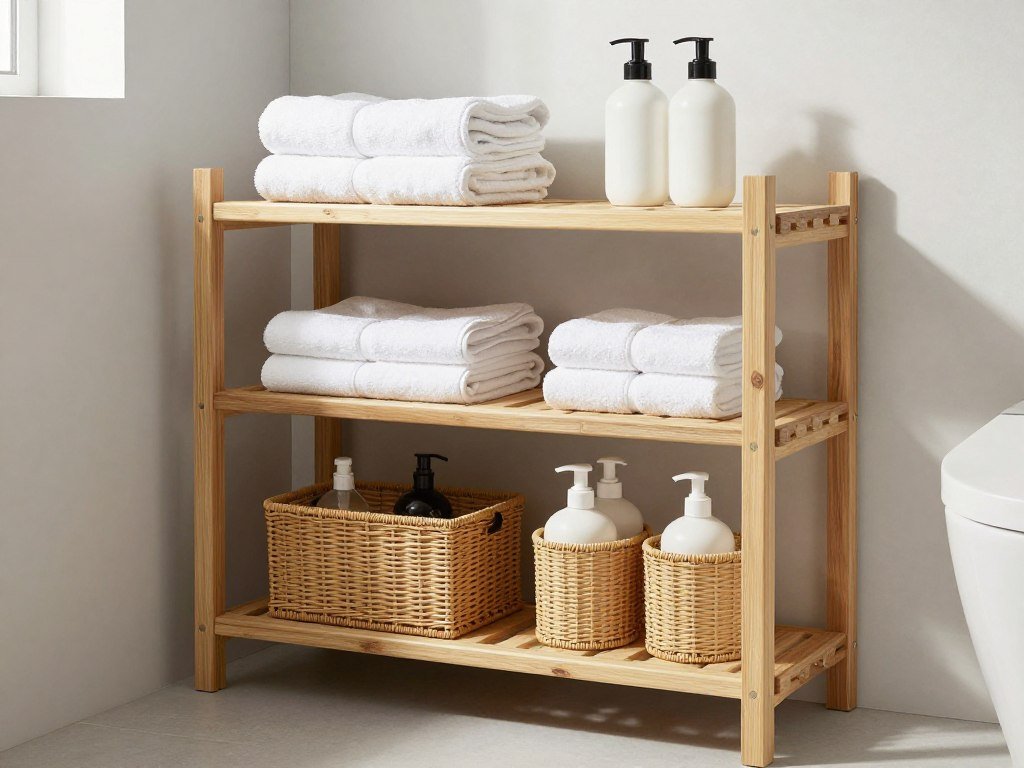IKEA RAGRUND bamboo shelf in bathroom with organized towels and toiletries