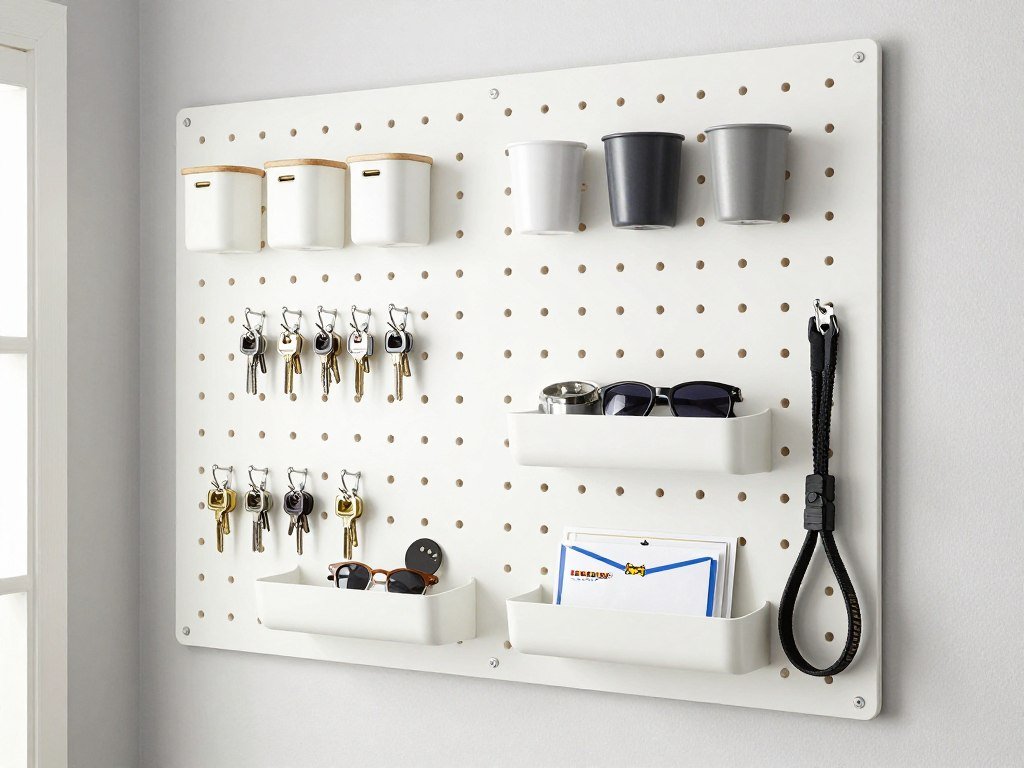 IKEA SKÅDIS white pegboard with accessories in mudroom