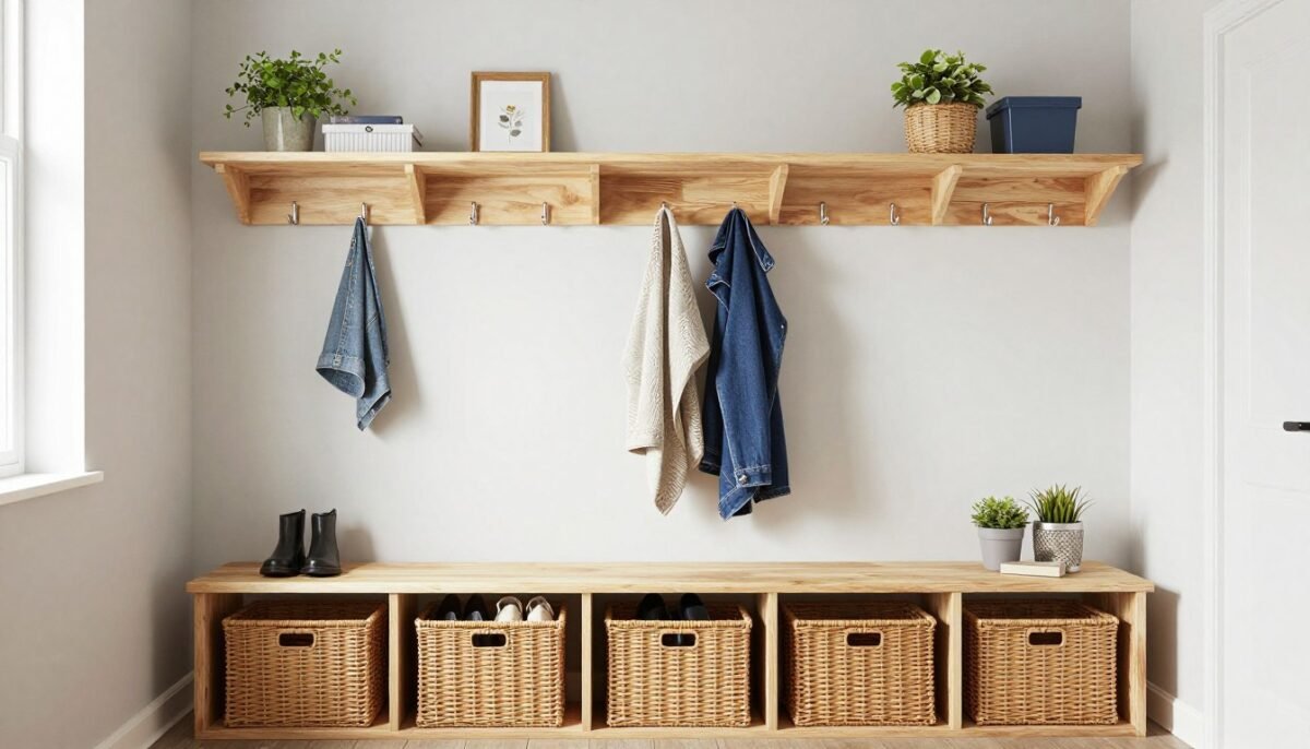 IKEA TJUSIG bench in mudroom with wall shelves and organized storage baskets IKEA TJUSIG bench in mudroom with wall shelves and organized storage baskets