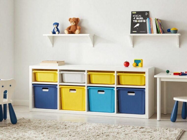 IKEA kids playroom ideas featuring colorful storage and play area