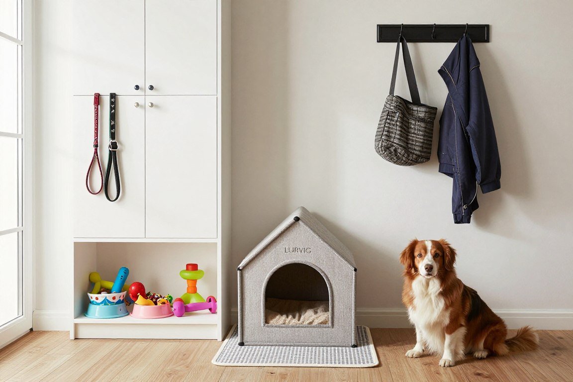 IKEA mudroom with LURVIG pet station and dog supplies