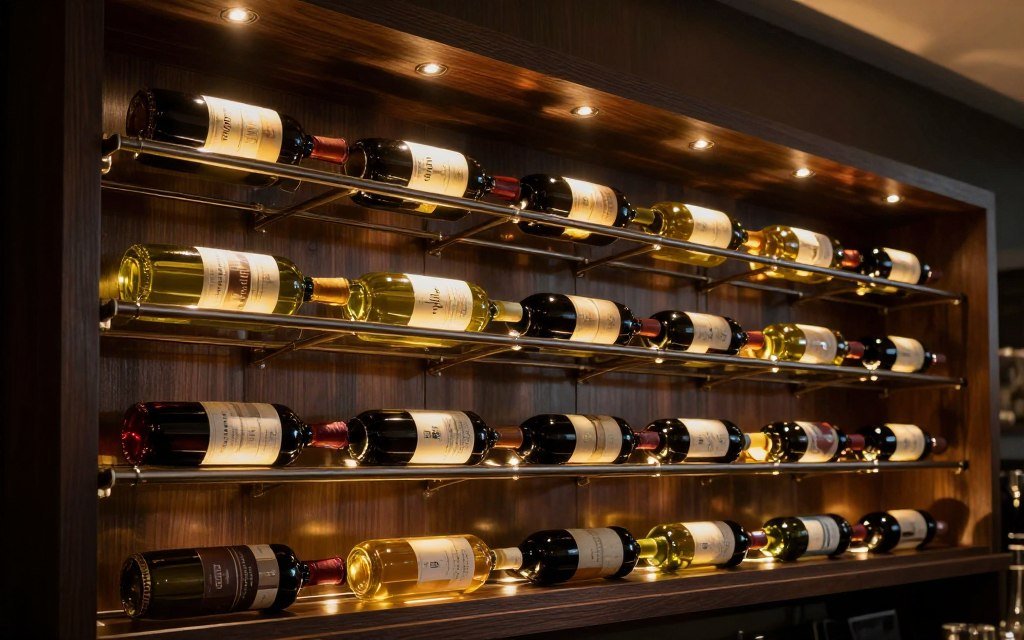 Illuminated wine rack with spotlight accents on bottles