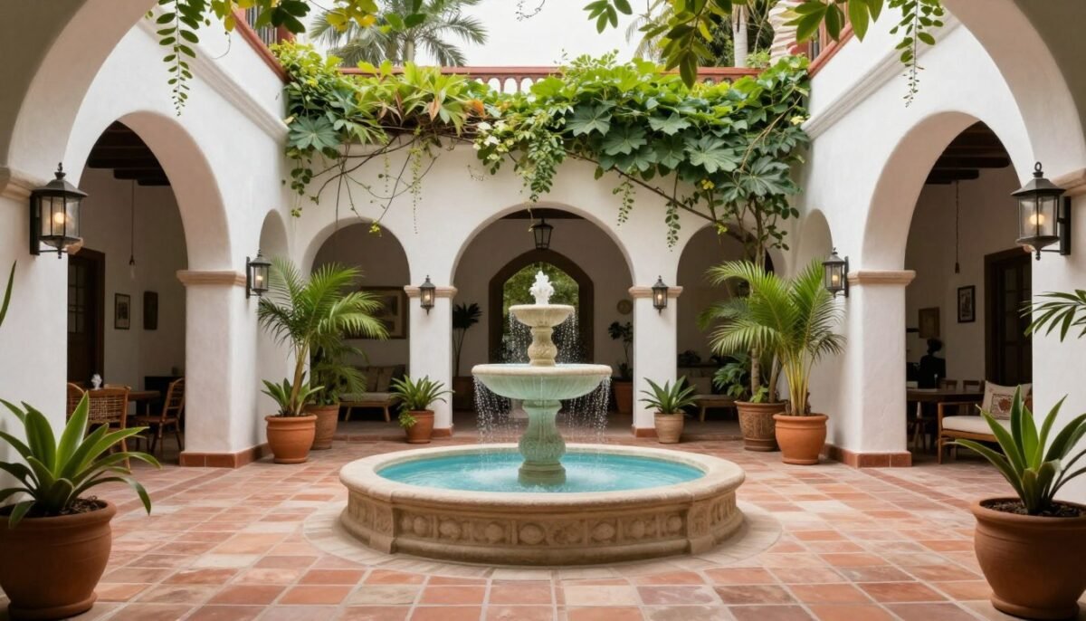 Indoor courtyard style Mexican home decor with plants